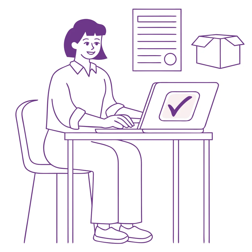Illustratie van gestapelde containers met de opschriften Douane aangifte, Import, Rapportage, Documenten, Export en Communicatie, met een vliegtuig, een containerschip en een goederentrein
